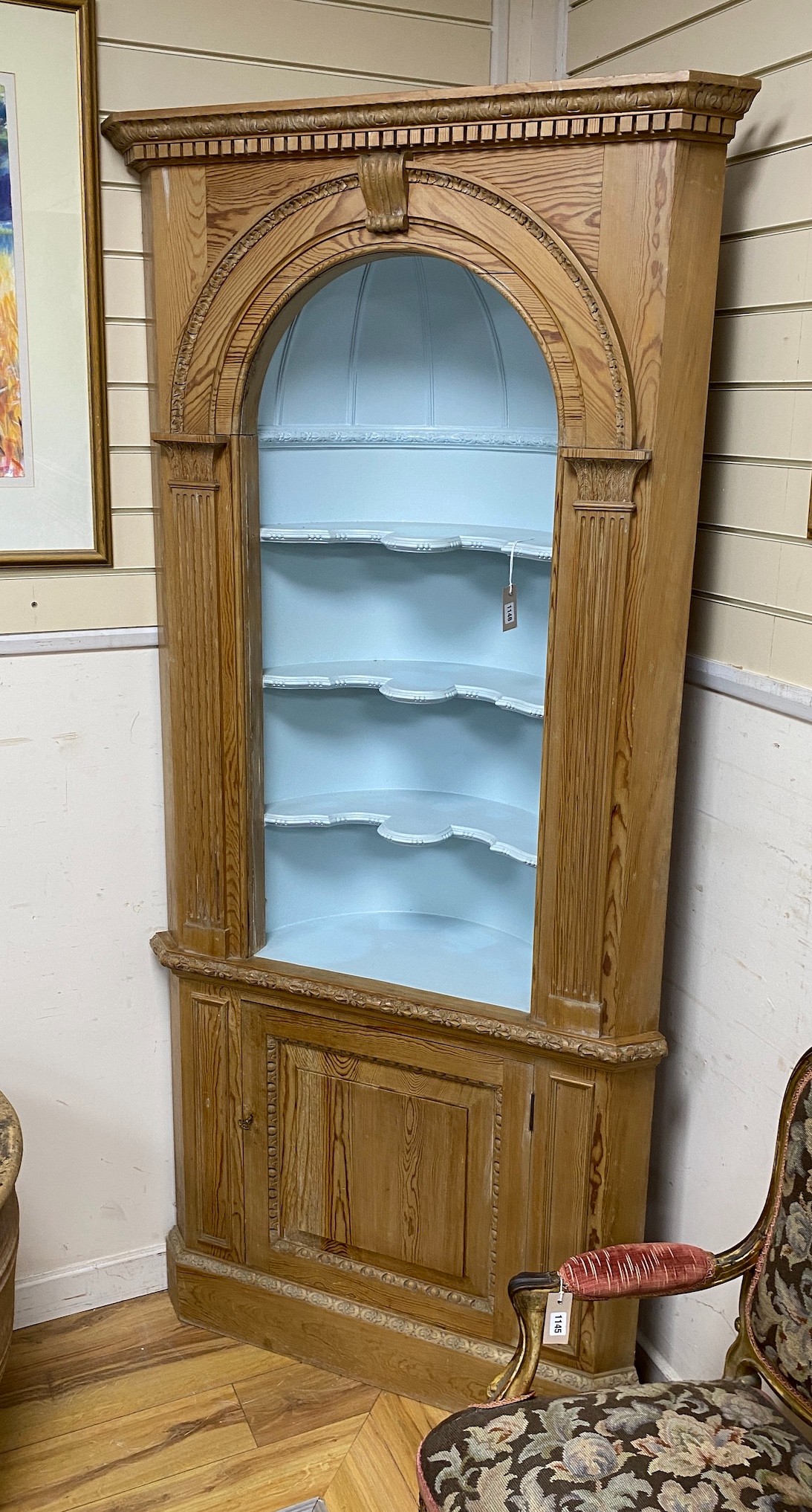 A George III style pitch pine standing corner cupboard, width 96cm, depth 38cm, height 210cm